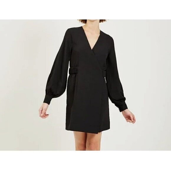 GANNI Mini Wrap Dress Black Buttoned Cuffs V-Neck 36 1040 - Picture 3 of 8
